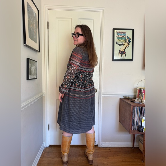 70s Vintage Black Floral Shirtwaist Prairie Dress - Picture 2 of 5